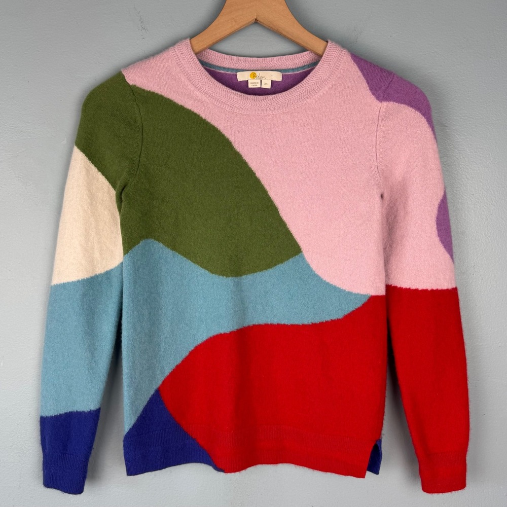 Boden Abstract Colorblock Crewneck Sweater Women's XS Colorful 100% Cashmere - Picture 2 of 5